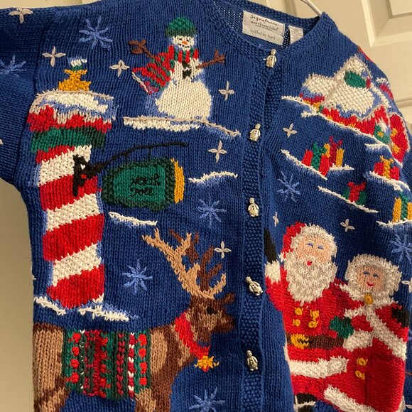 Vintage Signatures by Northern Isles Blue Santa Snowman Ugly Christmas Cardigan - Picture 8 of 11